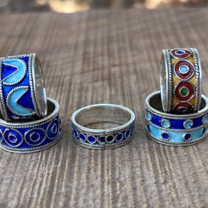 Set of 5 Berber silver enamel ring, Moroccan Berber rings, Berber jewelry, North African jewelry, Berber rings.
