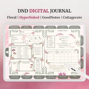 May include: A digital DND journal displayed on a tablet screen, featuring floral-themed character sheets with sections for combat stats, skills, and traits. The interface includes hyperlinked tabs, a white stylus, and text reading DND DIGITAL JOURNAL.