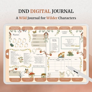 Pode incluir: Um diário digital de DND exibido na tela de um tablet, apresentando uma ficha de personagem com campos para nome, estatísticas de combate, habilidades e traços. O layout é decorado com ilustrações botânicas de cogumelos, vinhas e borboletas em tons terrosos.