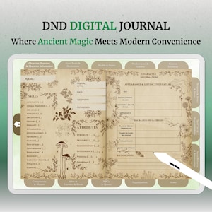 May include: A digital DND journal displayed on a tablet screen, featuring a beige parchment-style layout with floral and mushroom illustrations. The page includes sections for character information, skills, and attributes, with a white stylus resting on top.