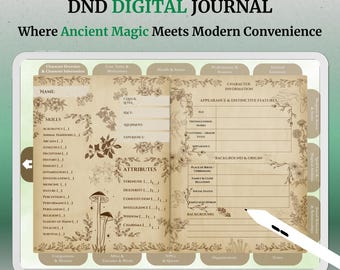 May include: A digital DND journal displayed on a tablet screen, featuring a beige parchment-style layout with floral and mushroom illustrations. The page includes sections for character information, skills, and attributes, with a white stylus resting on top.