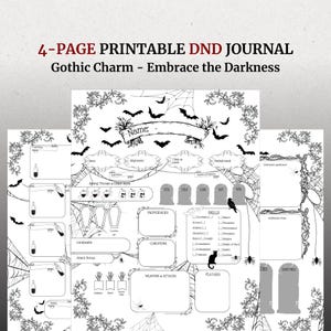 May include: A printable Dungeons and Dragons character sheet with a gothic theme. The sheet features a black and white illustration of a spider web, bats, and a raven. The text "Name:" is at the top of the sheet.