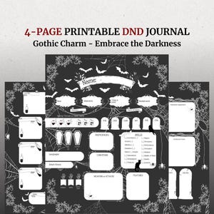 May include: A printable Dungeons and Dragons character sheet with a gothic theme. The sheet features a black background with white spiderwebs, bats, and tombstones. The sheet includes sections for character name, class, alignment, background, stats, skills, proficiencies, weapons, and attacks.