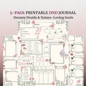 Druid DnD Character Sheet – Printable 5e Journal PDF | Aesthetic Botanical RPG Notebook | Girly DnD Player Sheet for Spellcasters & Roleplay