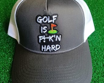 Long Drive Trucker Hat Golf is Fkn Hard 5 Panel (Dark Gray & White)