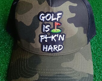 Long Drive Trucker Hat Golf is Fkn Hard 5 Panel (Camo & Black)