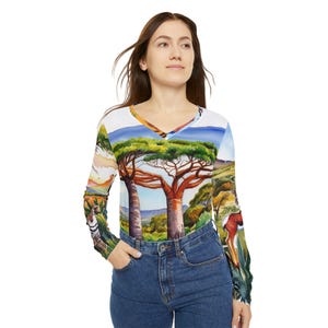 Women&#39;s Long Sleeve Nature-Themed V-neck Shirt, Bohemian Style Top, Casual Wear, Eco-Friendly Gift, Nature Lover&#39;s Apparel, Perfect for