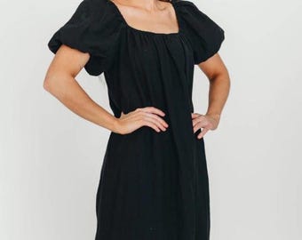 Black Cotton Nightgown, Jane Austen Style Lingerie, Cap Sleeves