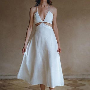 Backless White Linen Dress Cut Out Halter Dress for Women, Minimalist Bridal Gown, Summer Beach Dress, Handmade Gift bridal Flowy silhouette