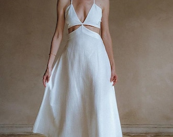 White Cotton Halter Dress: Backless Cut-Out Bridal Gown