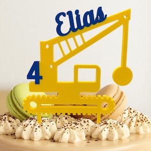 Decorazione per torta personalizzata a forma di escavatore con palla da demolizione | Nome e numero selezionabili | Festa di compleanno per bambini | Decorazione per torta | Decorazione della torta