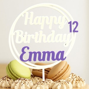 Topper per torta di buon compleanno rotondo | Nome e numero possono essere personalizzati | Decorazione per torta di compleanno | Decorazione per torta di compleanno per bambini | sostenibile