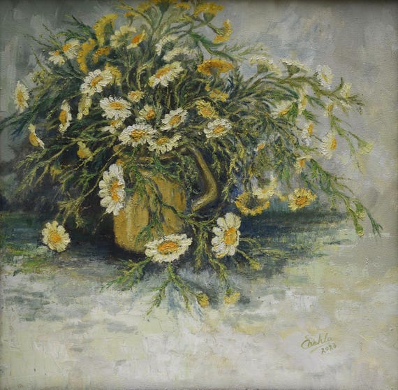 オリジナルのデイジー油絵：テクスチャのある花の静物画