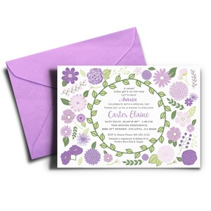 Purple & Green Flower Baby Girl Shower Invite DIGITAL FILE image 1