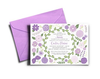 Purple & Green Flower Baby Girl Shower Invite - DIGITAL FILE