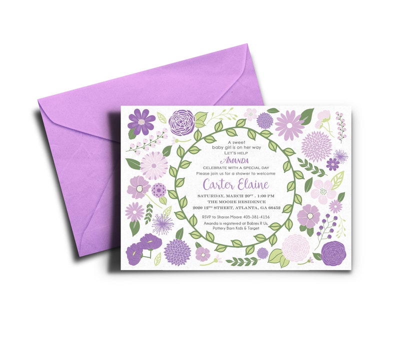 Purple & Green Flower Baby Girl Shower Invite DIGITAL FILE image 1