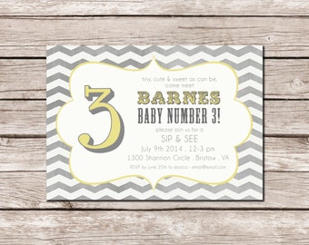 Yellow & Grey Chevron Baby # 3 / Triplets Baby Shower Invitation - DIGITAL FILE