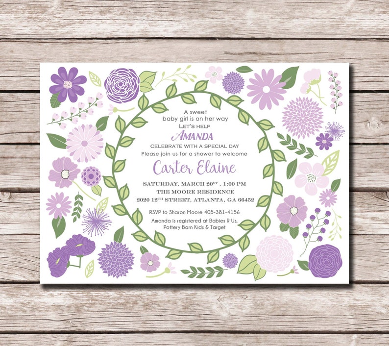 Purple & Green Flower Baby Girl Shower Invite DIGITAL FILE image 2