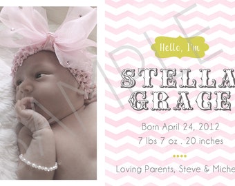 Custom Digital Baby Announcement- Hello, Pink Chevron