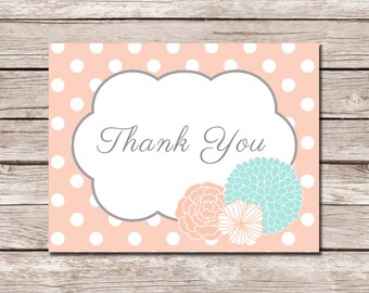 Peach/Coral and Teal Thank You Note - DIGITAL FILE