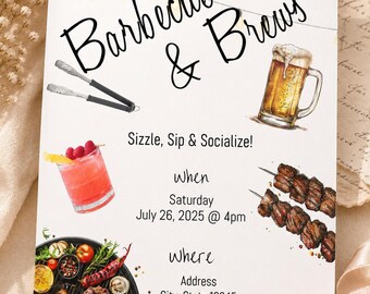 May include: A Barbecue & Brews invitation card featuring string lights, a beer mug, metal tongs, a cocktail, and grilled meat skewers. The text reads: Please Join Us For Barbecue & Brews, Sizzle, Sip & Socialize!, When Saturday July 26, 2025 @ 4pm, Where Address: City, State 12345 RSVP.