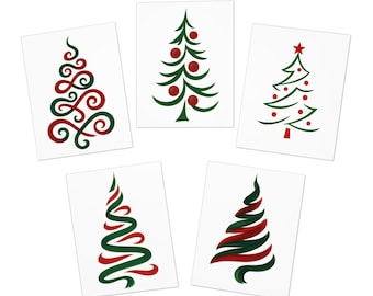 May include: Five white cards each featuring a unique Christmas tree design. The trees are rendered in green and red, with various styles including swirls, dots, and a star. A festive holiday theme.