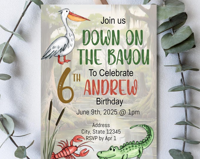 Featured listing image: Alligator Birthday Invitation | Bayou Swamp Theme with Crawfish & Pelican | Editable Kids Party Template | Instant Download