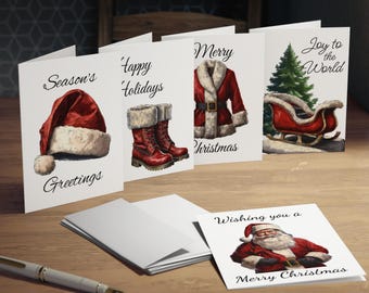 May include: A collection of Christmas greeting cards featuring festive illustrations. Designs include a Santa hat, boots, a coat, a sleigh, and Santa Claus. The cards are white with black text, and the illustrations are in color.