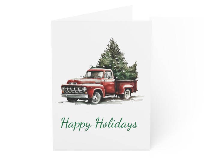 Featured listing image: Greeting Cards: Red Vintage Truck with Christmas Tree, Happy Holidays, Holiday Cards, Christmas Cards, Bulk Cards, Festive Greetings