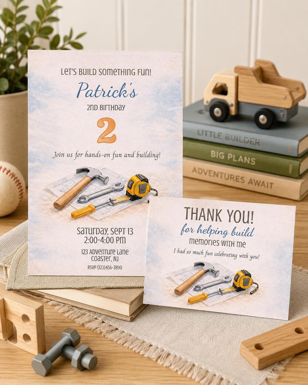 Little Builder Blueprint Birthday Invitation Thank You Bundle ...