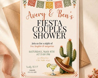Könnte beinhalten: Eine rechteckige Einladungskarte mit einem bunten Papel-Picado-Banner oben, einem grünen Kaktus, einem Stroh-Sombrero und einem Margaritaglas. Der Text lautet Avery & Ben's FIESTA COUPLES SHOWER, Join us for a night of love, laughter & margaritas, SATURDAY, MAR 4TH AT 2:00 PM, 123 First Ave, City, State 12345, Kindly RSVP, Amanda 123-123-4567.