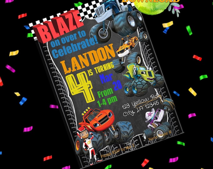 Featured listing image: Monster Truck Birthday Invitation - Editable Truck Party Invite  Digital Download - Personalized Baby Birthday - Blaze Party Printable
