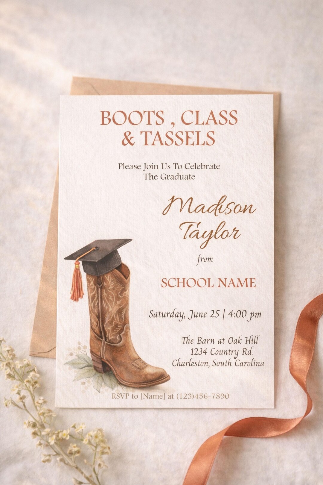 Western Graduation Invitation Editable Cowboy Boots Class Tassels ...
