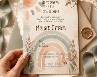 Einladung zur Babyparty „Here Comes The Sun“ im Boho-Stil – Geschlechtsneutrale Einladung zur Sonnenscheinparty (bearbeitbar, sofort als PDF-Datei herunterladbar)