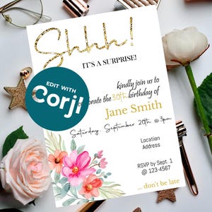 Invitation de fête d'anniversaire surprise | Invitation florale Shhh d'or | Modèle numérique modifiable pour tout âge | Design élégant à l'aquarelle