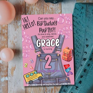 Convite de aniversário da Sra. Rachel | Convite editável para festa infantil | Tema escolar ABC 123 | Modelo de aniversário com bolhas | Modelo para imprimir de aniversário