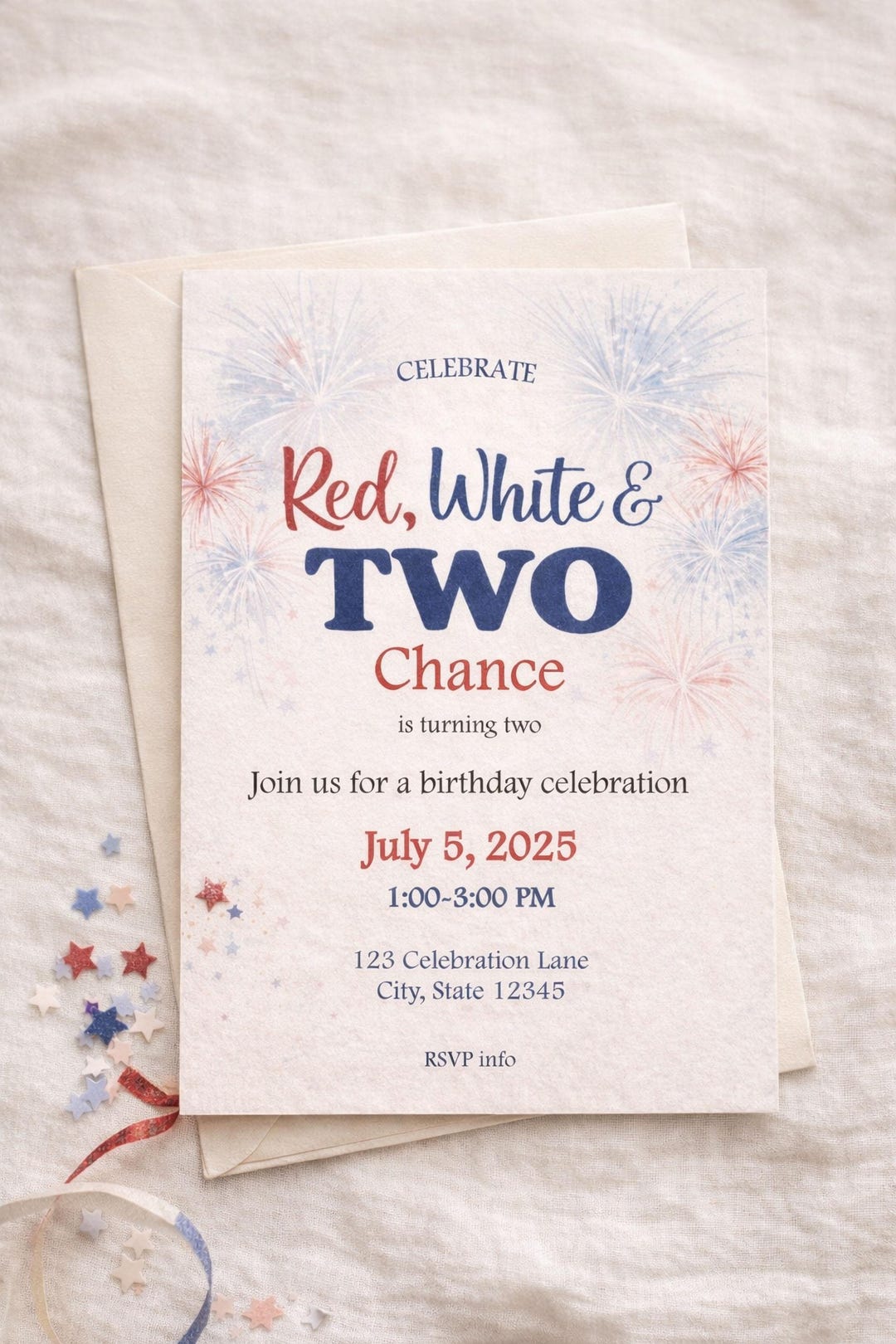 Red White Two Birthday Invitation Patriotic 2nd Party Invite Digital ...