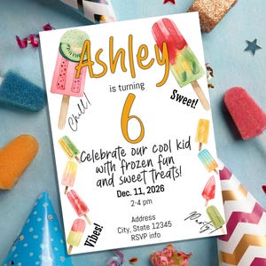 Convite para festa de picolé, convite para aniversário de verão, tema de guloseima congelada, modelo editável, festa de sorvete, convite para festa infantil