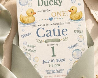 Rubber Ducky 1st Birthday Invitation Template Duck First Party Invite Editable Printable Digital Download Corjl Instant File PDF Design
