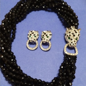 KJL for Avon Black Panther Torsade multi strand choker and clip on Jaguar earrings