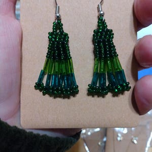 Green double beaded dangle earrings - Geometric pattern green beaded dangle earrings