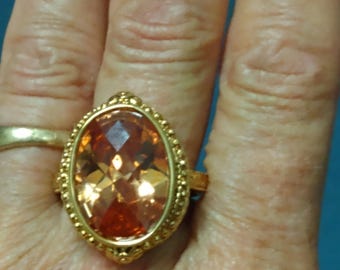 Vintage Avon Gold Plated Adjustable Ring: Orange Crystal Steampunk Jewelry