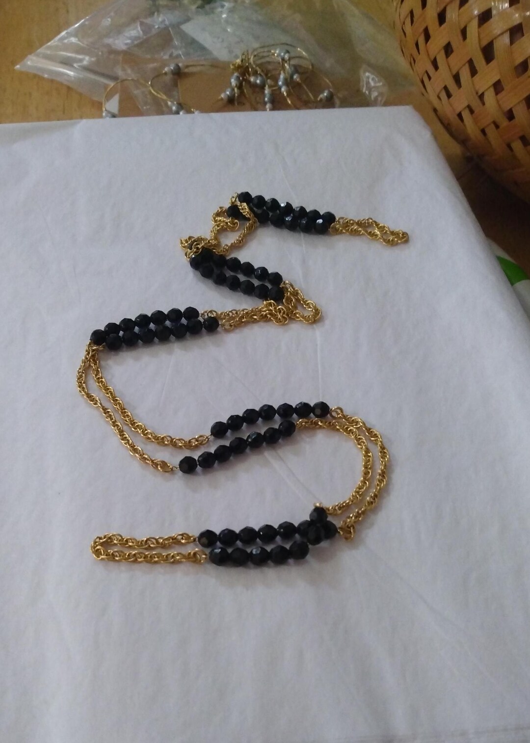 1990's Avon 36 Inch Gold Chain With Black Faceted Beads. Twisted Gold ...