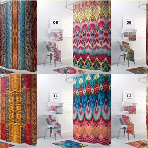 May include: A collage of 6 different shower curtains with colorful geometric patterns. The curtains are all made of fabric and have a variety of colors and designs. The curtains are hung on shower rods in a bathroom setting.