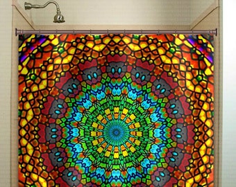 Stained Glass Mandala Shower Curtain, Bohemian Fabric