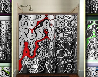 Modern Red Black White Shower Curtain, Fabric Extra Long Stall Size