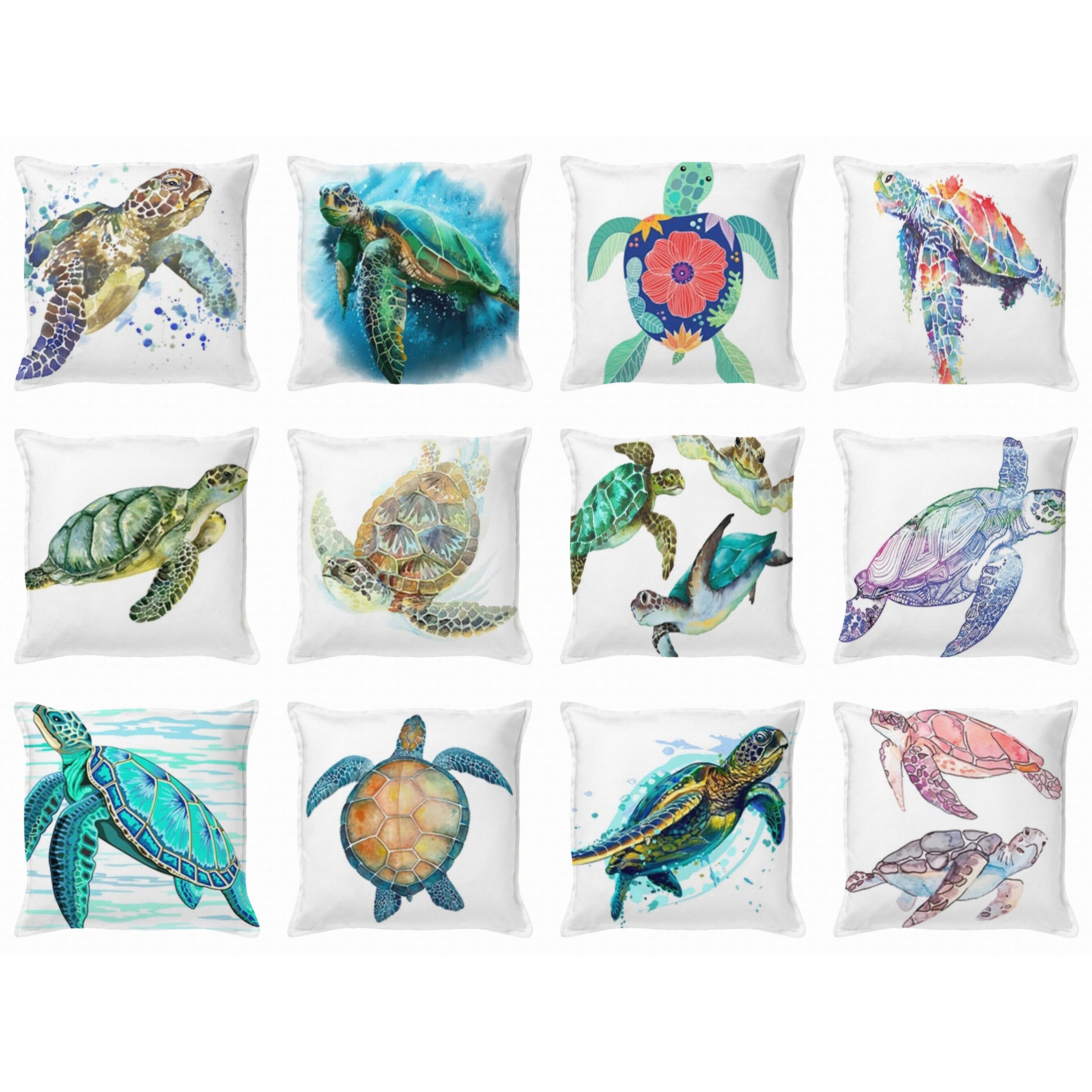 Beach Coastal Turtle Sea Life Fish Pillow Covers – Set Of 4, 18x18 Cotton Linen