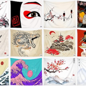 Japanese Tapestry | Japan Wall Art Tapestry | Kanagawa Wave Geisha Pagoda Cherry Blossom Mount Fuji Samurai Cranes Koi Zen Sakura Umbrella