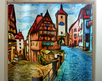 Cobblestone Street Shower Curtain, Old Europe Downtown Scene, Fabric Extra Long