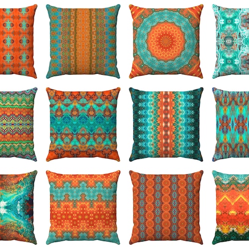 Teal Orange Throw Pillow Turquoise Cushion Cover Blue Etsy